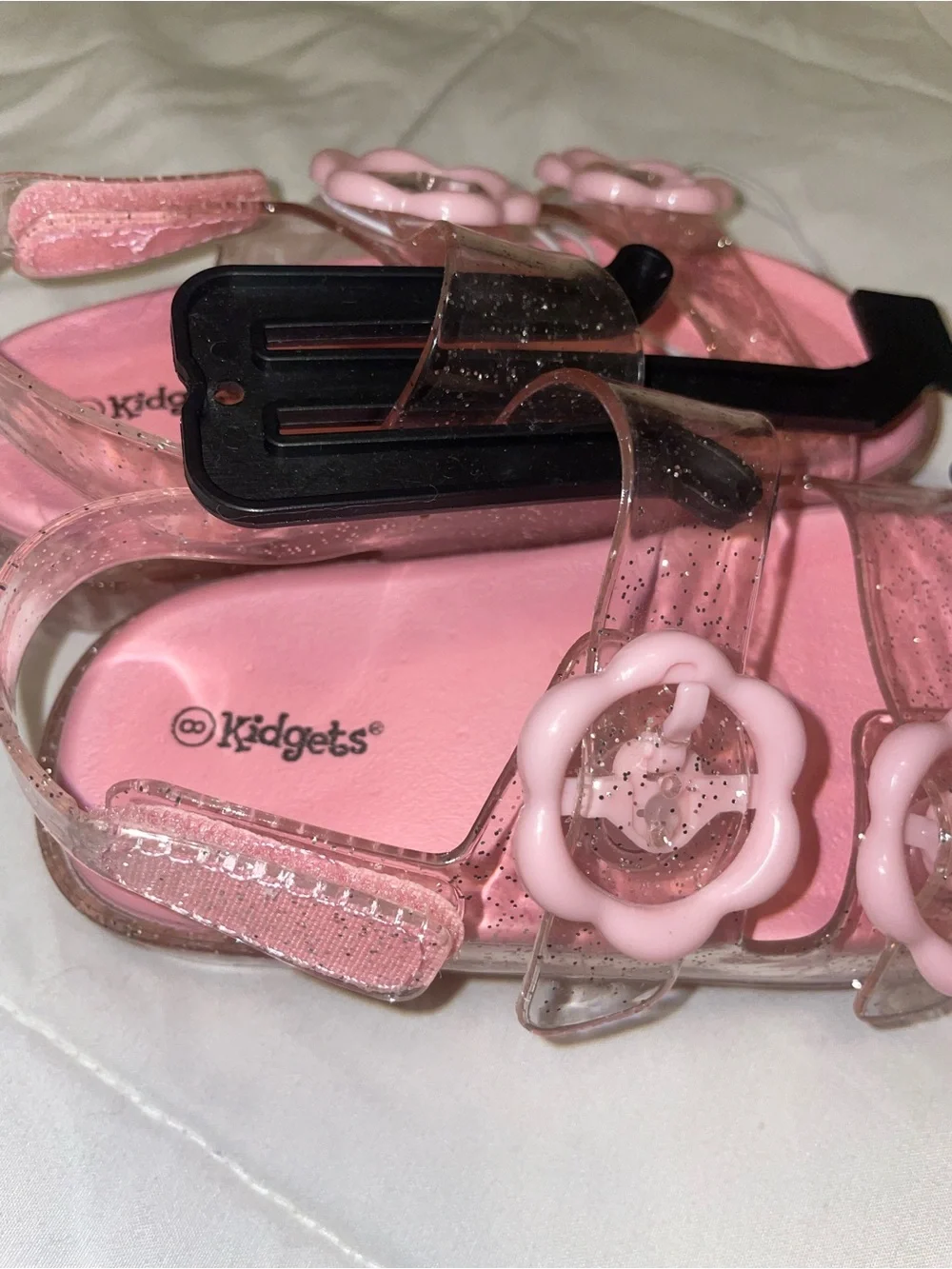Kidgets Pink Glitter Jelly Sandals with Floral Buckles